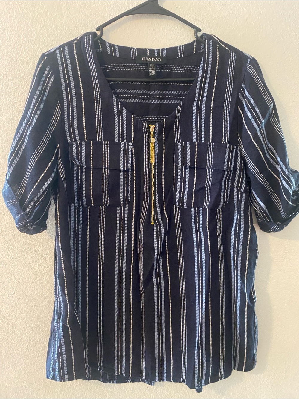 Ellen Tracy Women's Navy Striped Quarter Zip Blouse NWT